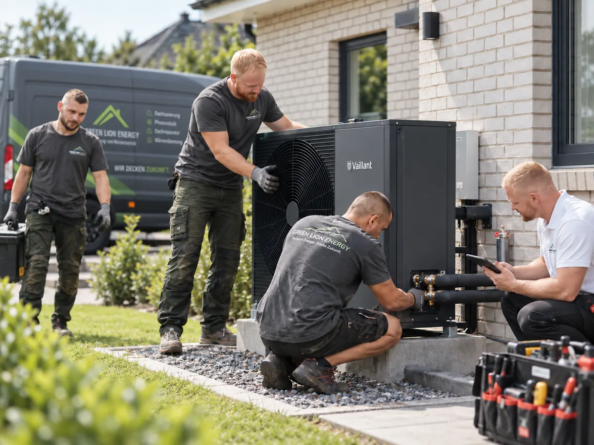 Green Lion Energy Team bei der Installation einer Luft-Wasser-Wärmepumpe am Wohnhaus